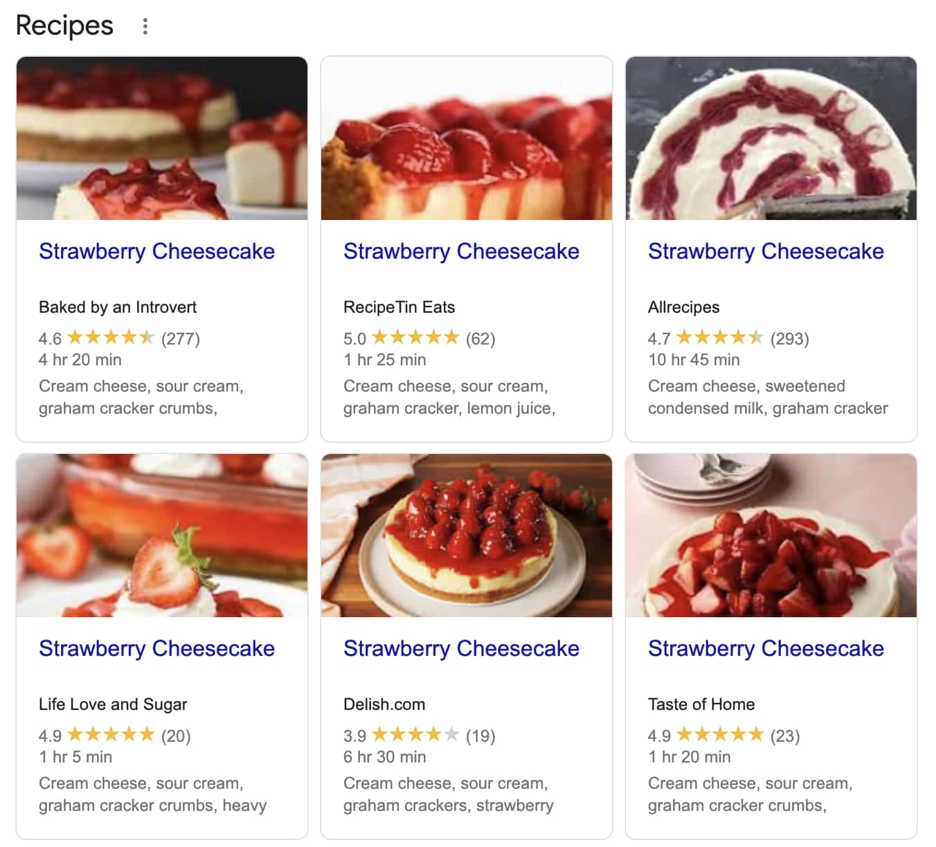 Food Blog SEO: Example of highly competitive recipe keywords, strawberry cheesecake in google search results