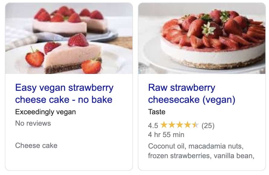 Food Blog SEO: Example of recipe cards with no reviews and well reviewed