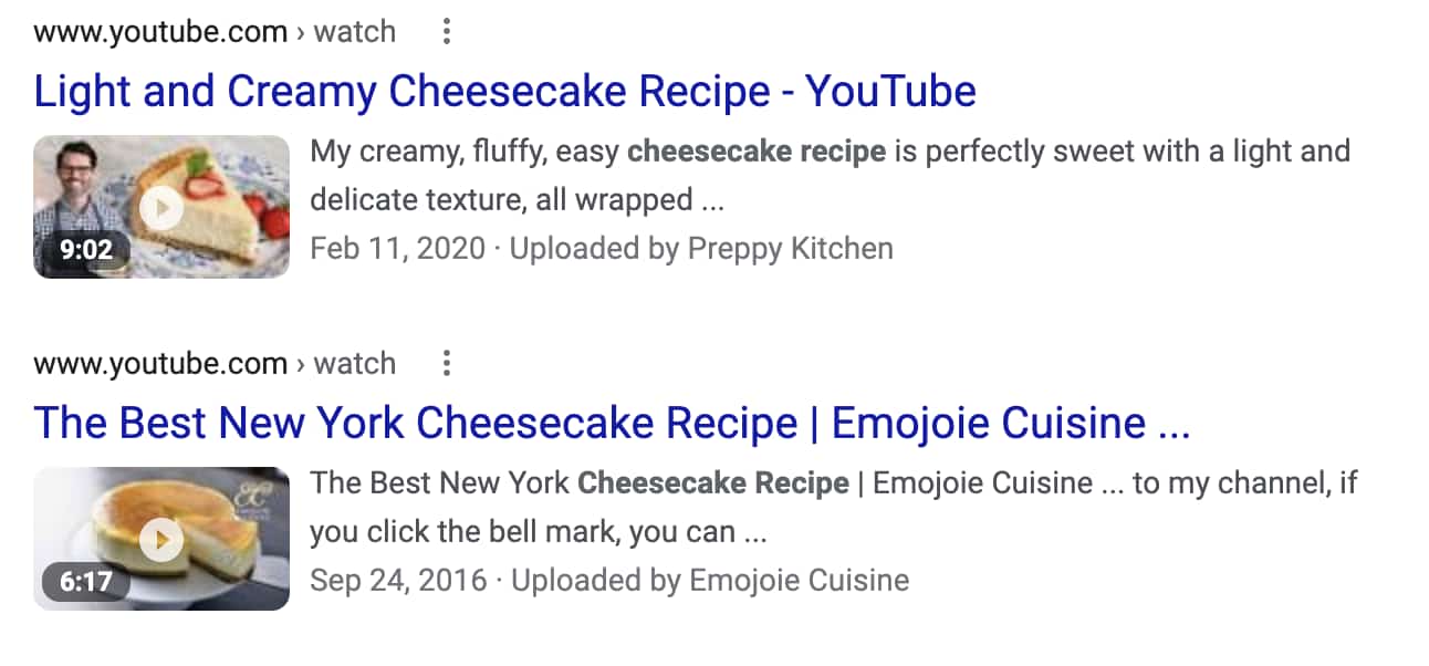 Food Blog SEO: Examples of video search results for cheesecake recipes