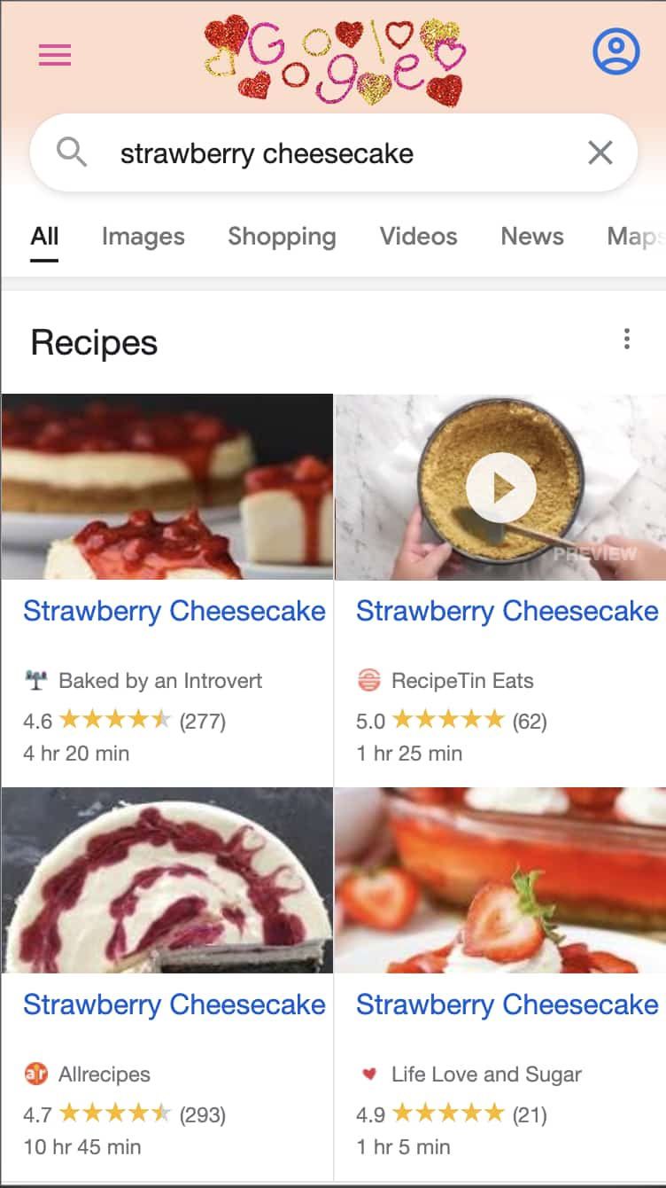 Food Blog SEO: Mobile screenshot of recipe cards generated from rich data