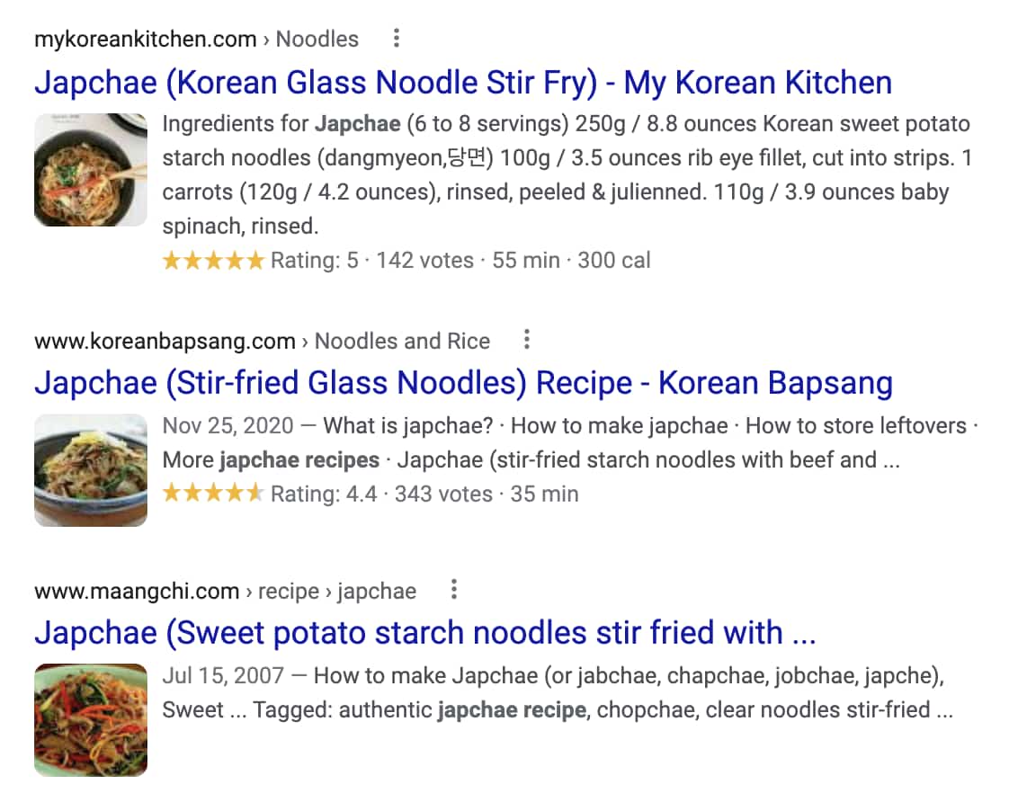 Food Blog SEO: Screenshot of enhanced recipe search result